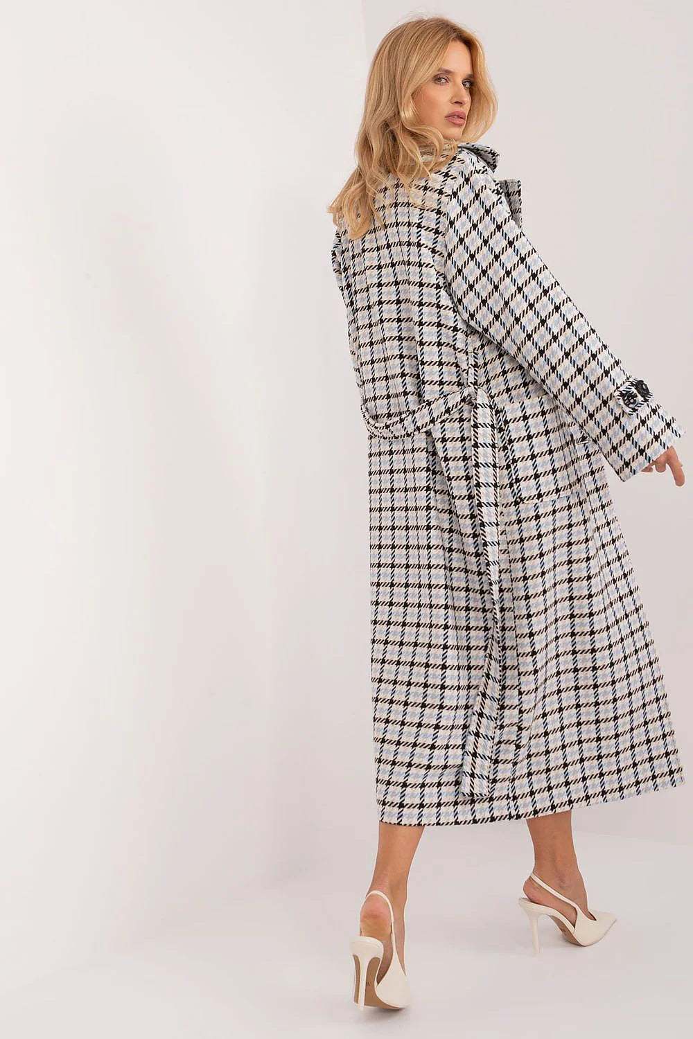 Lakerta Classic Double Breasted Coat in check pattern, showcasing stylish design and comfortable fit from the back view.