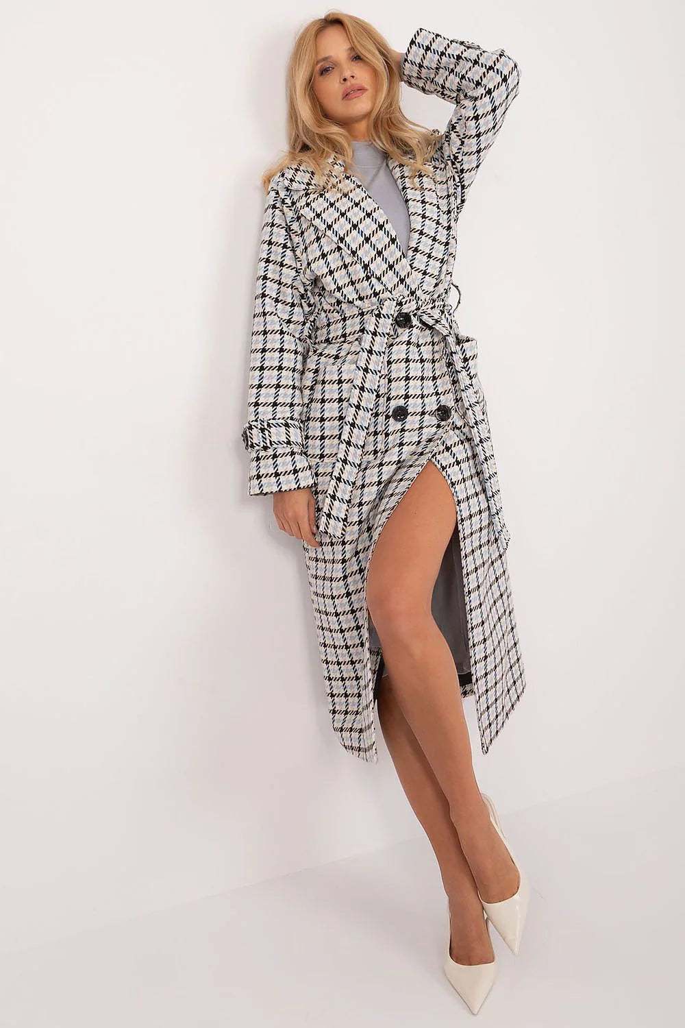 Lakerta Classic Double Breasted Coat with check pattern, featuring a belted waist and stylish slit, perfect for casual wear.