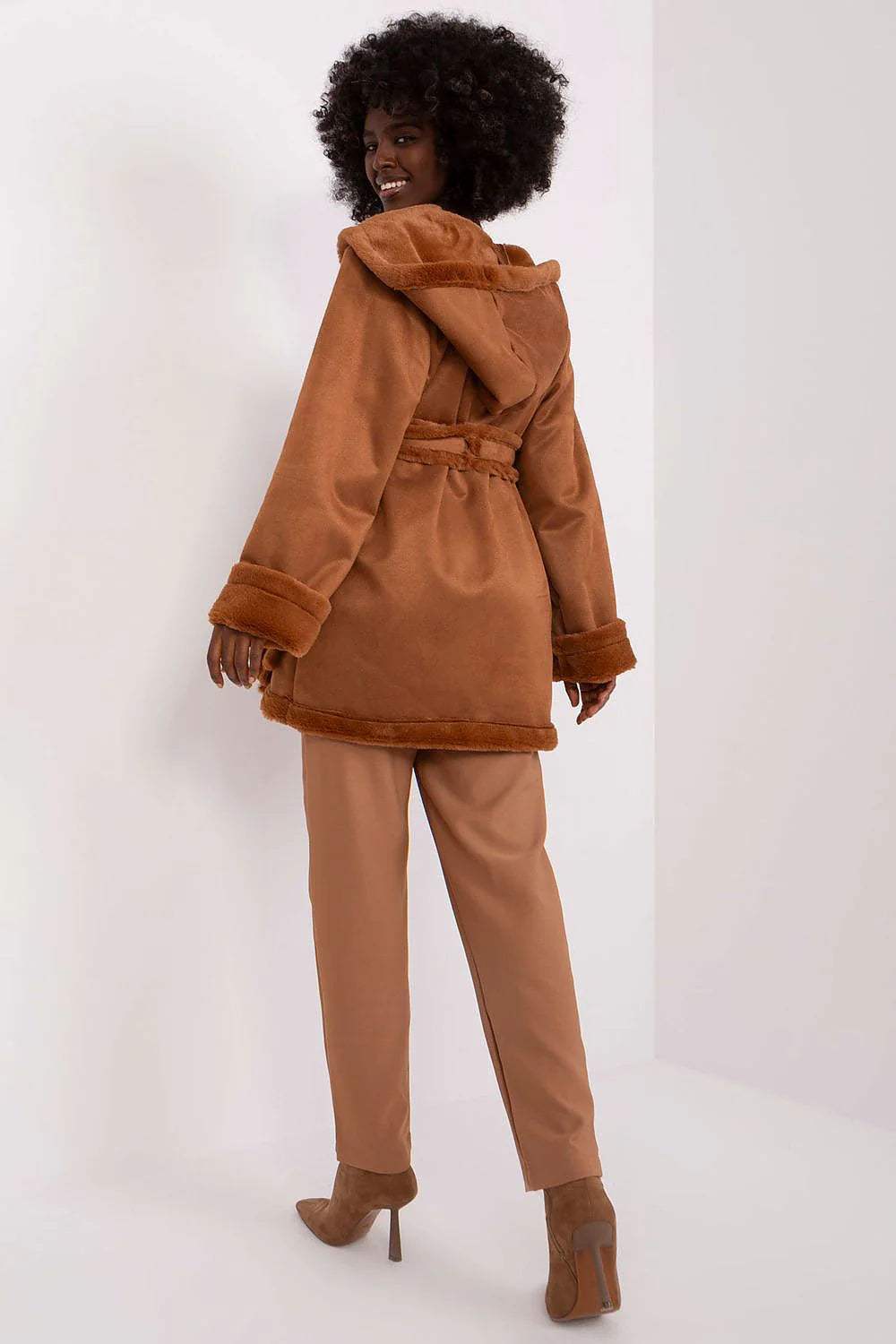 Woman in brown Lakerta Elegant Belted Wool Coat with hood, showcasing a casual yet stylish back view.