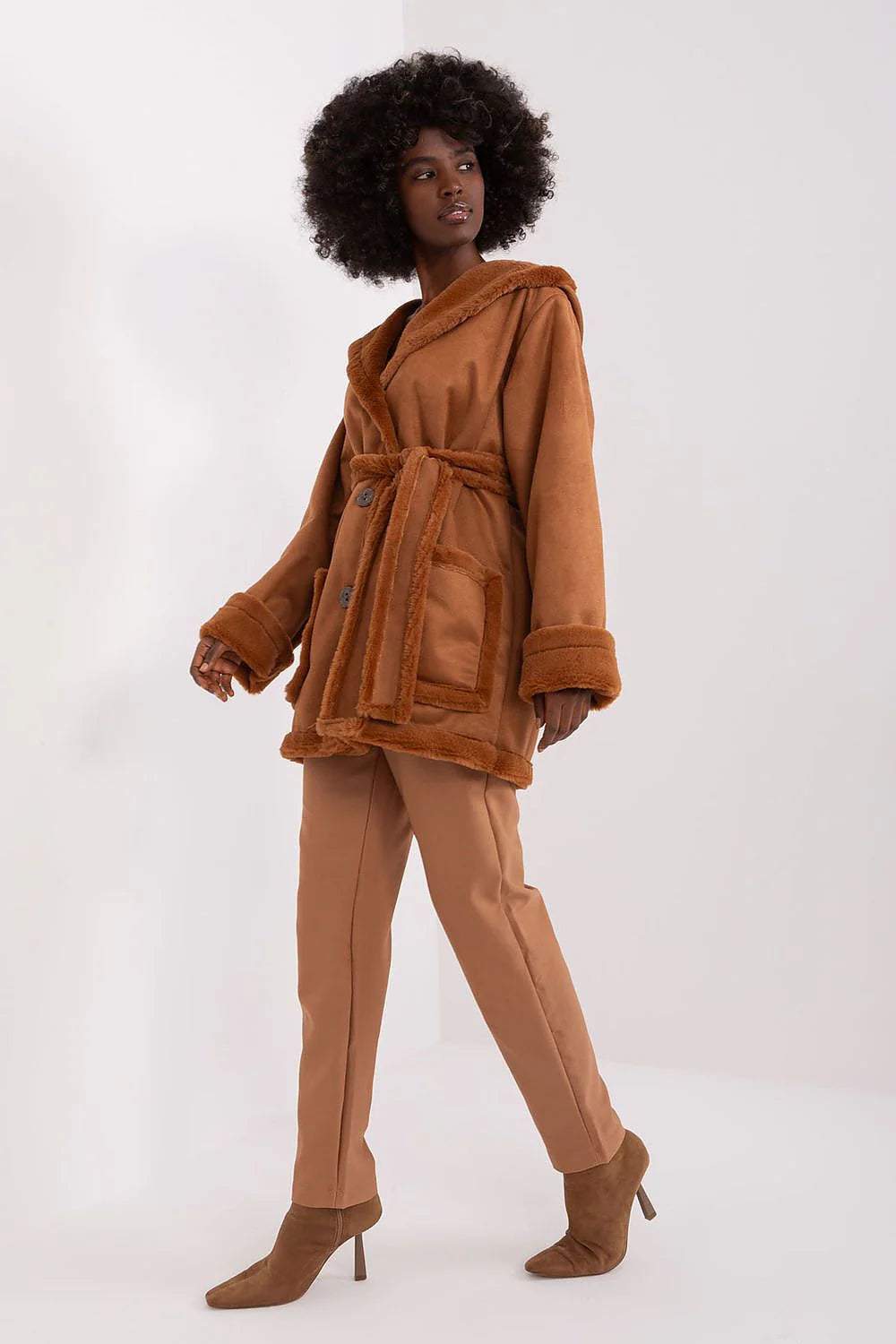 Lakerta Elegant Belted Wool Coat in warm brown, featuring a spacious hood and stylish belt, perfect for winter outings.