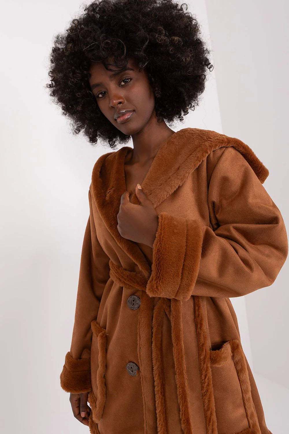 Model showcasing the Lakerta Elegant Belted Wool Coat with a spacious hood and stylish buttons in a warm brown color.