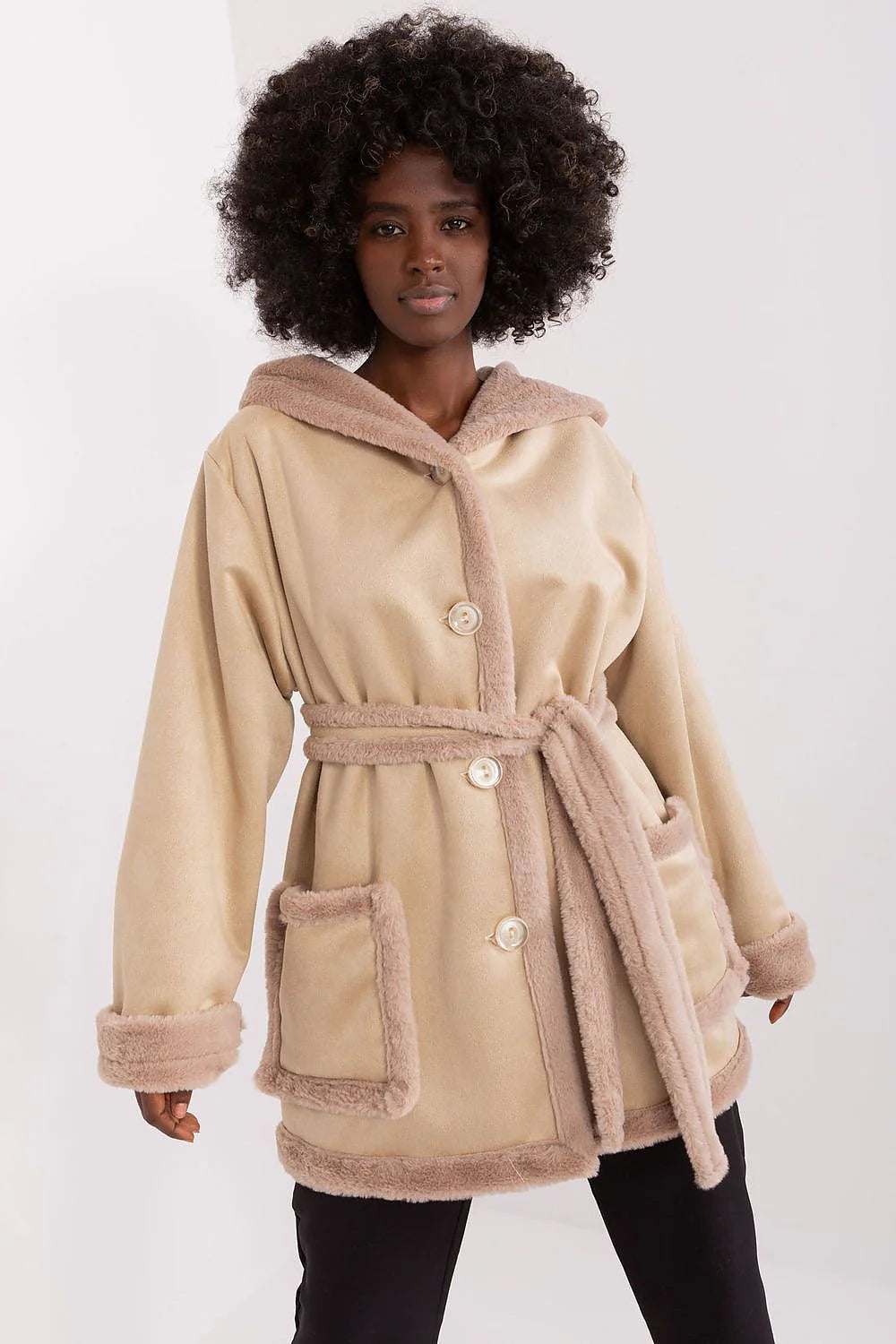 Model showcasing a Lakerta Elegant Double Breasted Coat with a hood, styled for winter comfort and elegance.