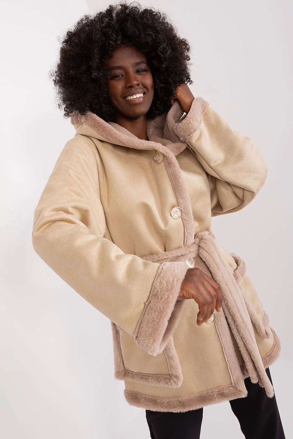 Model wearing the Lakerta Elegant Double Breasted Coat with a spacious hood, exuding casual elegance.