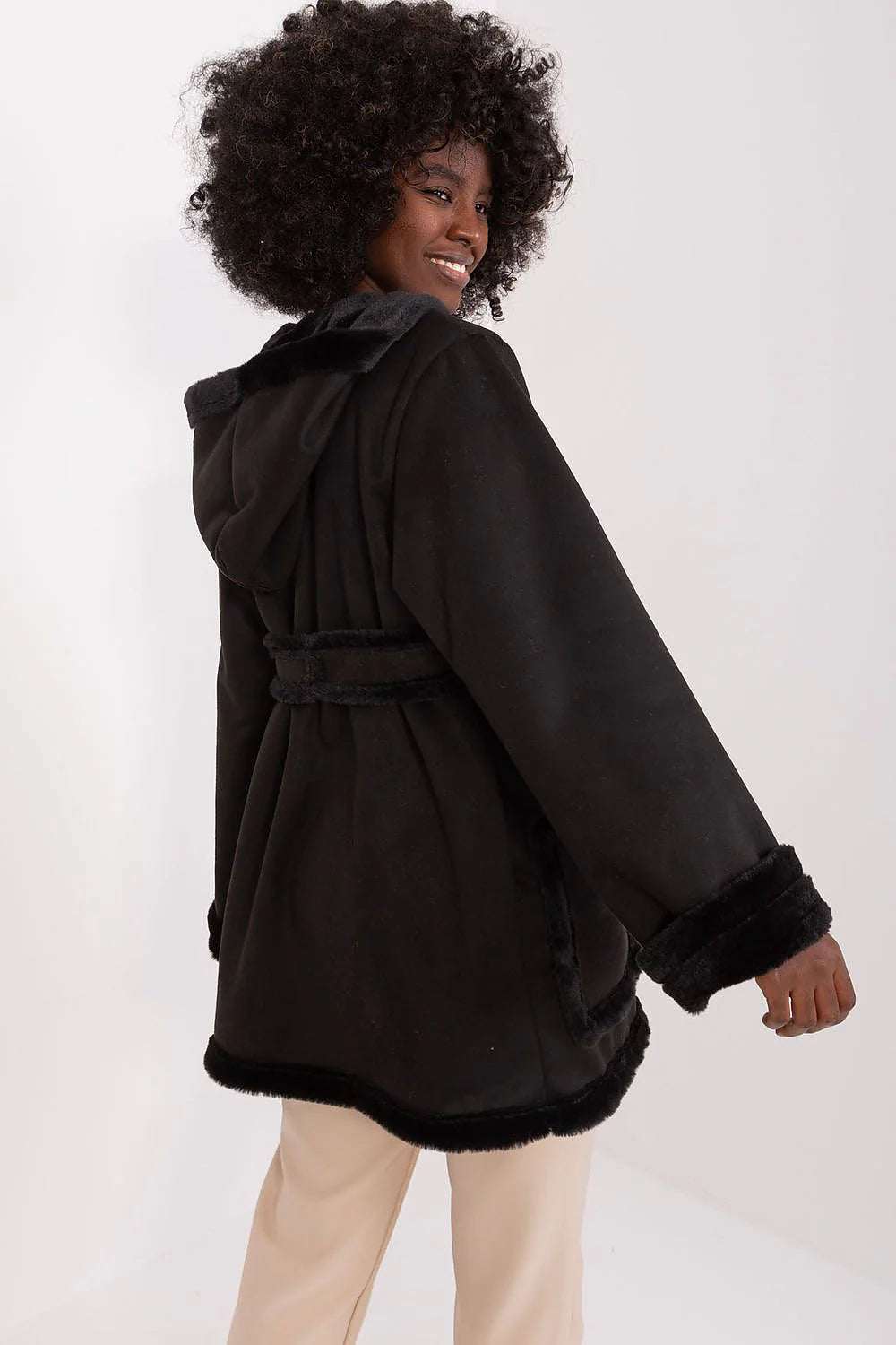 Black Lakerta Minimalist Women’s Fashion Coat with hood, showcasing casual elegance and comfort for winter wear.