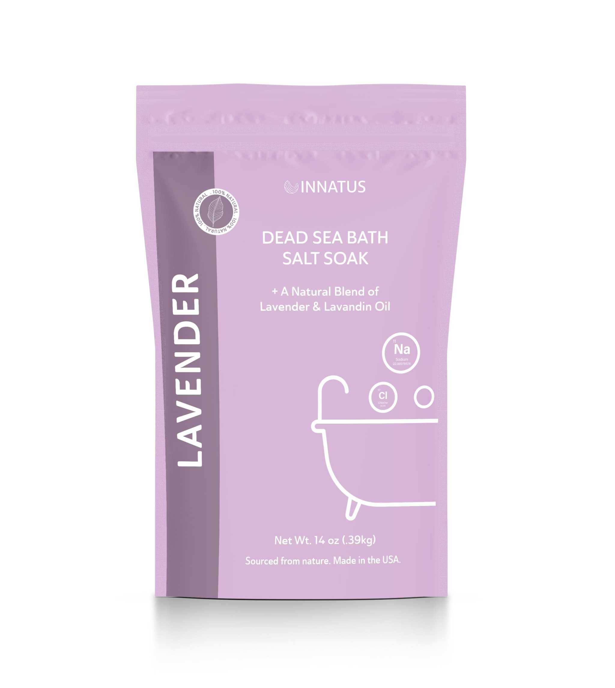 Lavender Dead Sea Bath Salt Soak for a relaxing aromatherapy experience, 14 oz pack from Innatus.