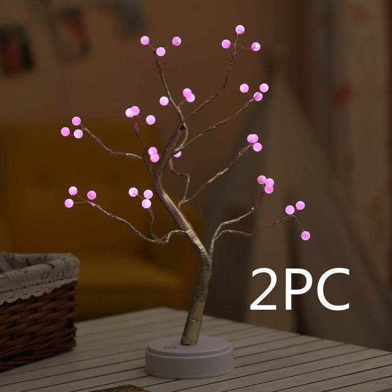 LED Christmas tree night light with pink glowing LED berries on branches, modern decorative table lamp