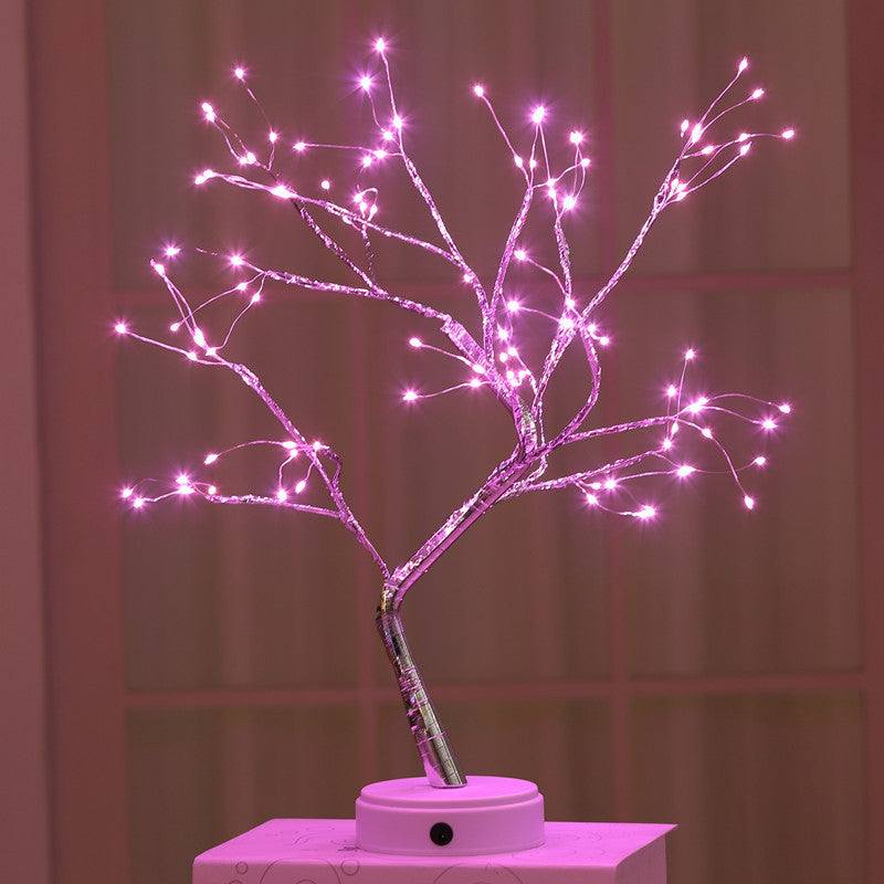 Pink LED Christmas tree night light with touch switch on white base