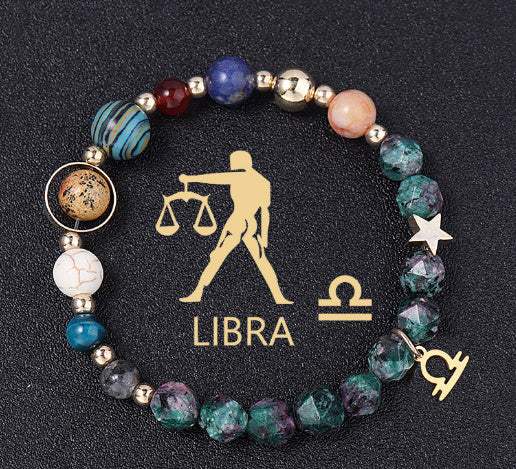 Natural stone twelve constellations bracelet featuring Libra zodiac sign with colorful beads and gold accents on black background