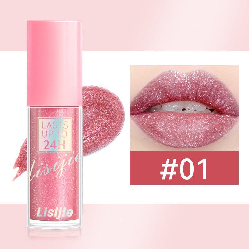 Long-lasting luxury lipstick pink shimmering gloss with 24-hour wear and moisturizing effects