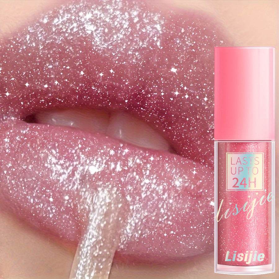 Close-up of lips with sparkling long-lasting luxury lipstick and a pink lipstick tube with 24-hour wear label