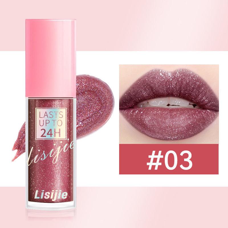 Long-lasting luxury lipstick in shimmering pink, moisturizing with 24-hour wear, shade #03 on lips