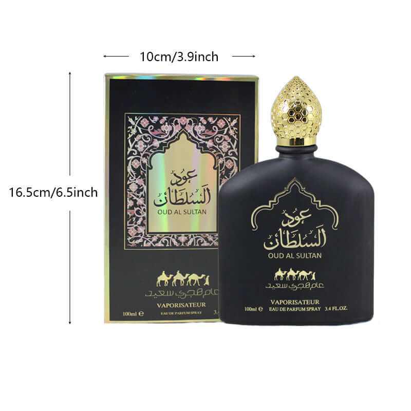 Black and gold Oud Al Sultan perfume bottle with ornate cap and matching decorative box, 100ml long-lasting Middle Eastern perfume.