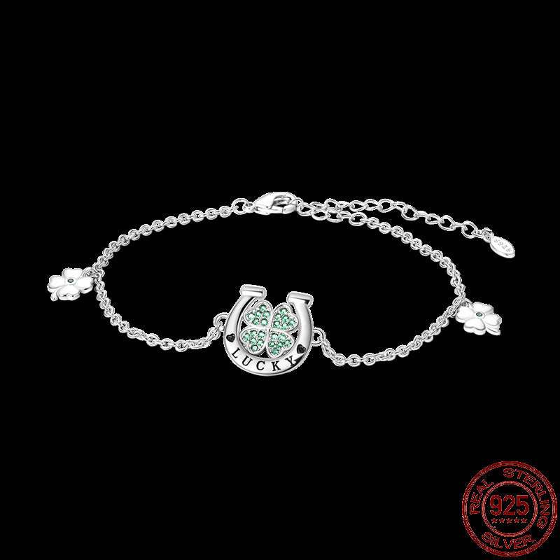Infinity Hamsa sterling silver bracelet with horseshoe and four-leaf clover charms, classic style jewelry