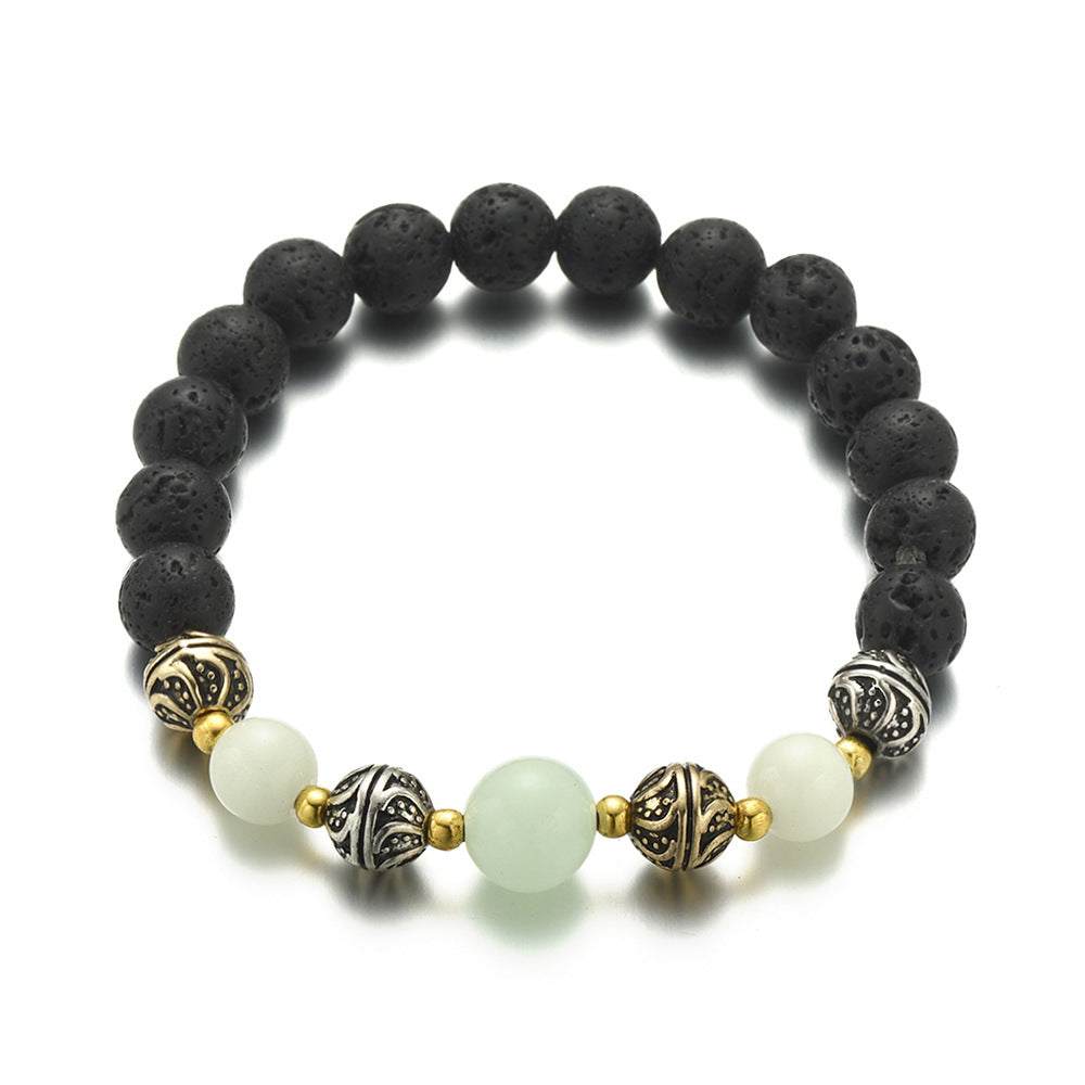 Luminous Beaded Bracelet for Women with black volcanic beads and ancient bronze silver accents