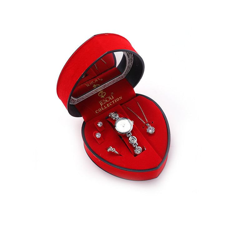Gift set luxury necklace and earrings with watch in red heart-shaped box