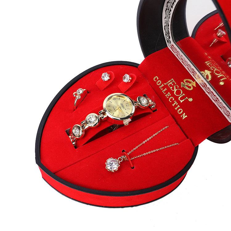 Gift Set Luxury Necklace and Earrings with diamond-encrusted alloy watch and jewelry in red velvet box