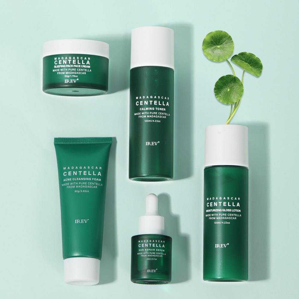 Snow Grass Skincare Set with centella-based cleansing foam, toner, moisturizer, serum, and cream on light blue background