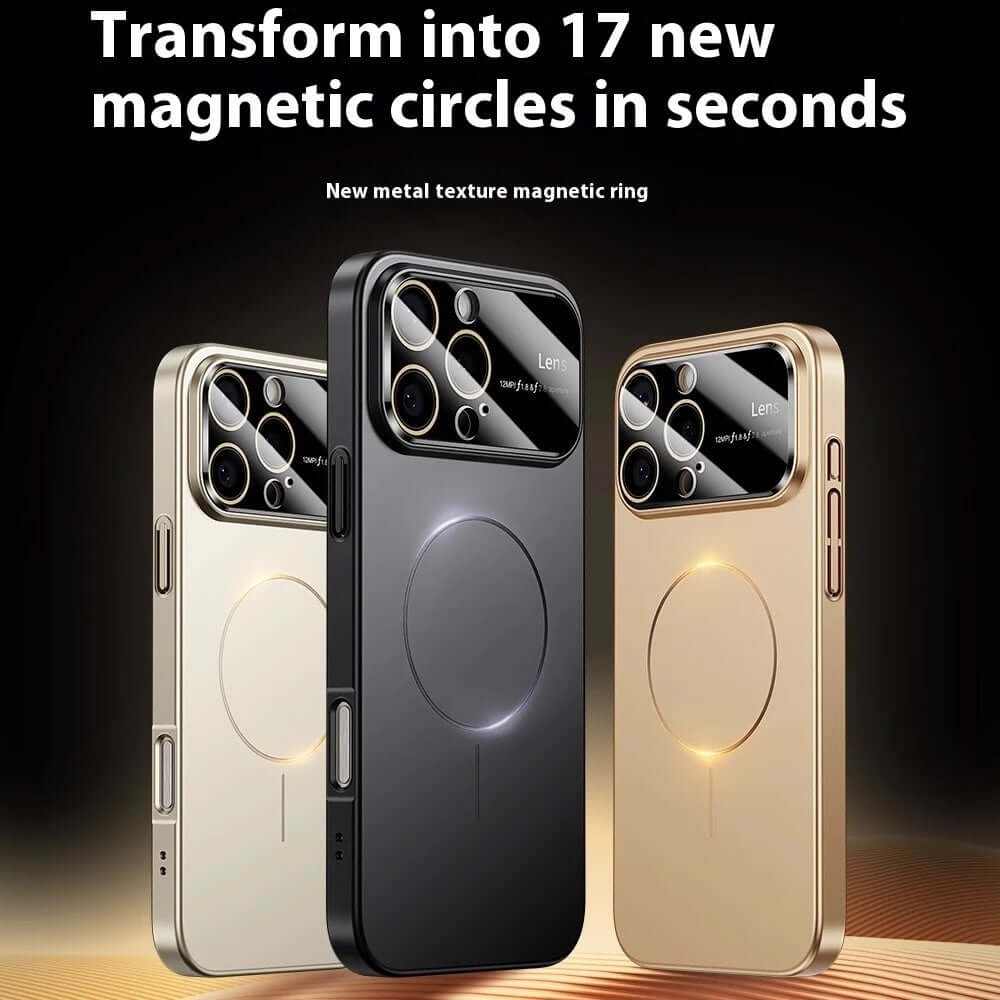 Magnetic drop-resistant phone case showcasing three color options, featuring a new metal texture magnetic ring.