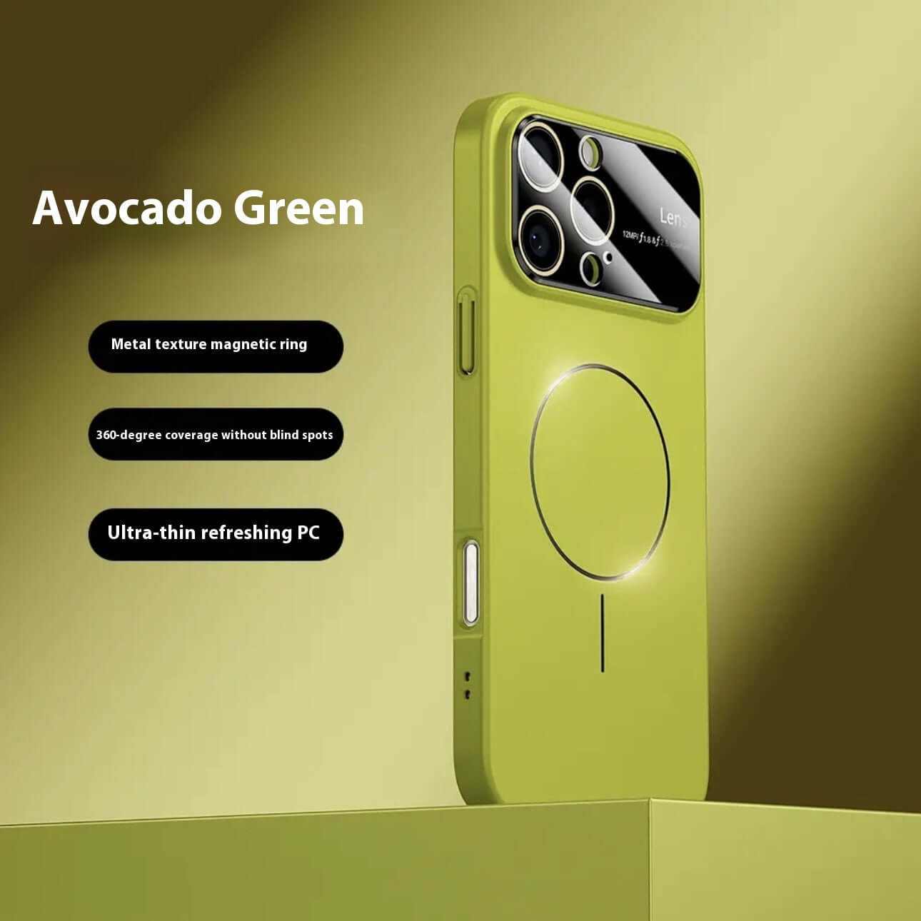 Avocado green magnetic drop-resistant phone case with metal texture ring and 360-degree coverage.