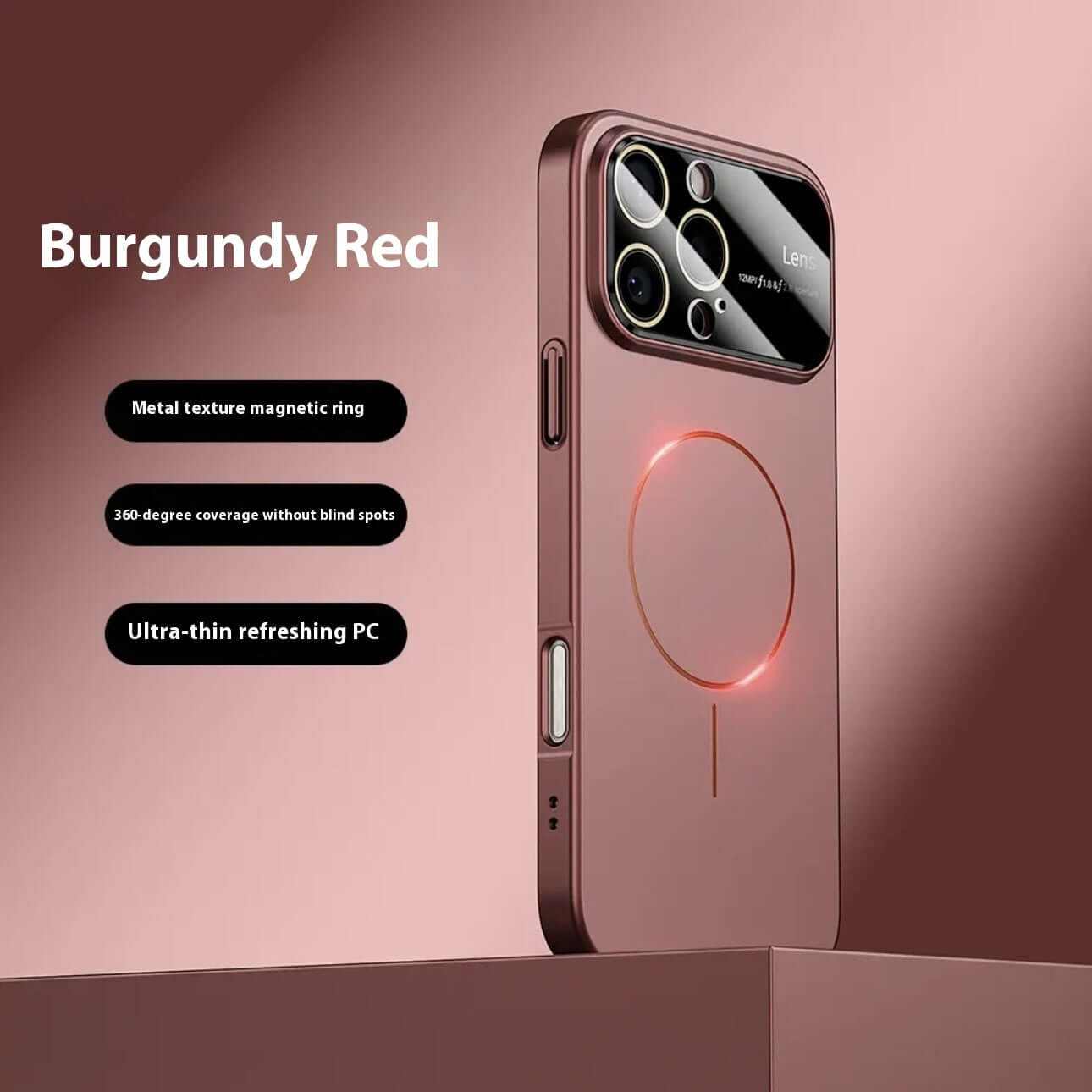 Burgundy red magnetic drop-resistant phone case with metal texture, shockproof design, and 360-degree coverage.