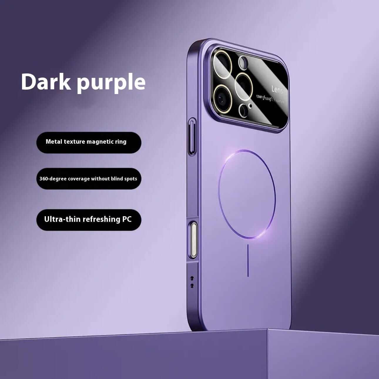 Dark purple magnetic drop-resistant phone case with metal texture and 360-degree coverage.