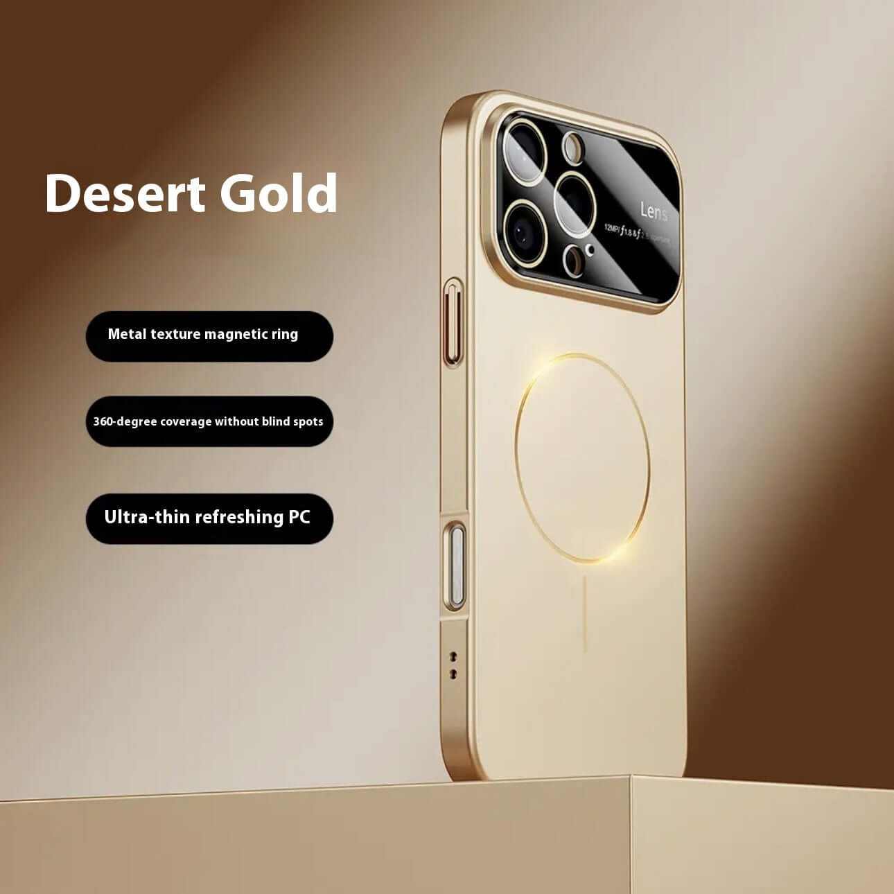 Desert gold magnetic drop-resistant phone case with 360-degree coverage and ultra-thin PC material.
