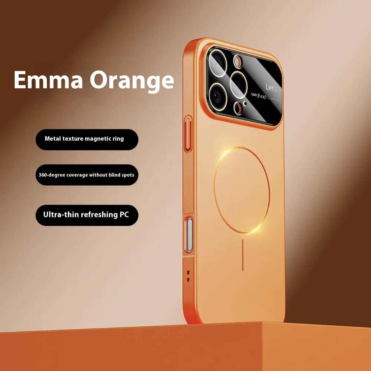 Emma Orange magnetic drop-resistant phone case showcasing metal texture, 360-degree coverage, and ultra-thin design.