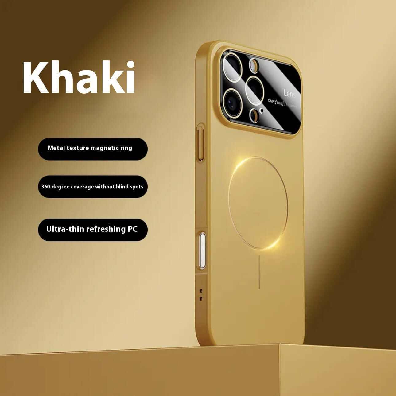 Khaki magnetic drop-resistant phone case with metal texture ring and ultra-thin design, providing 360-degree device coverage.