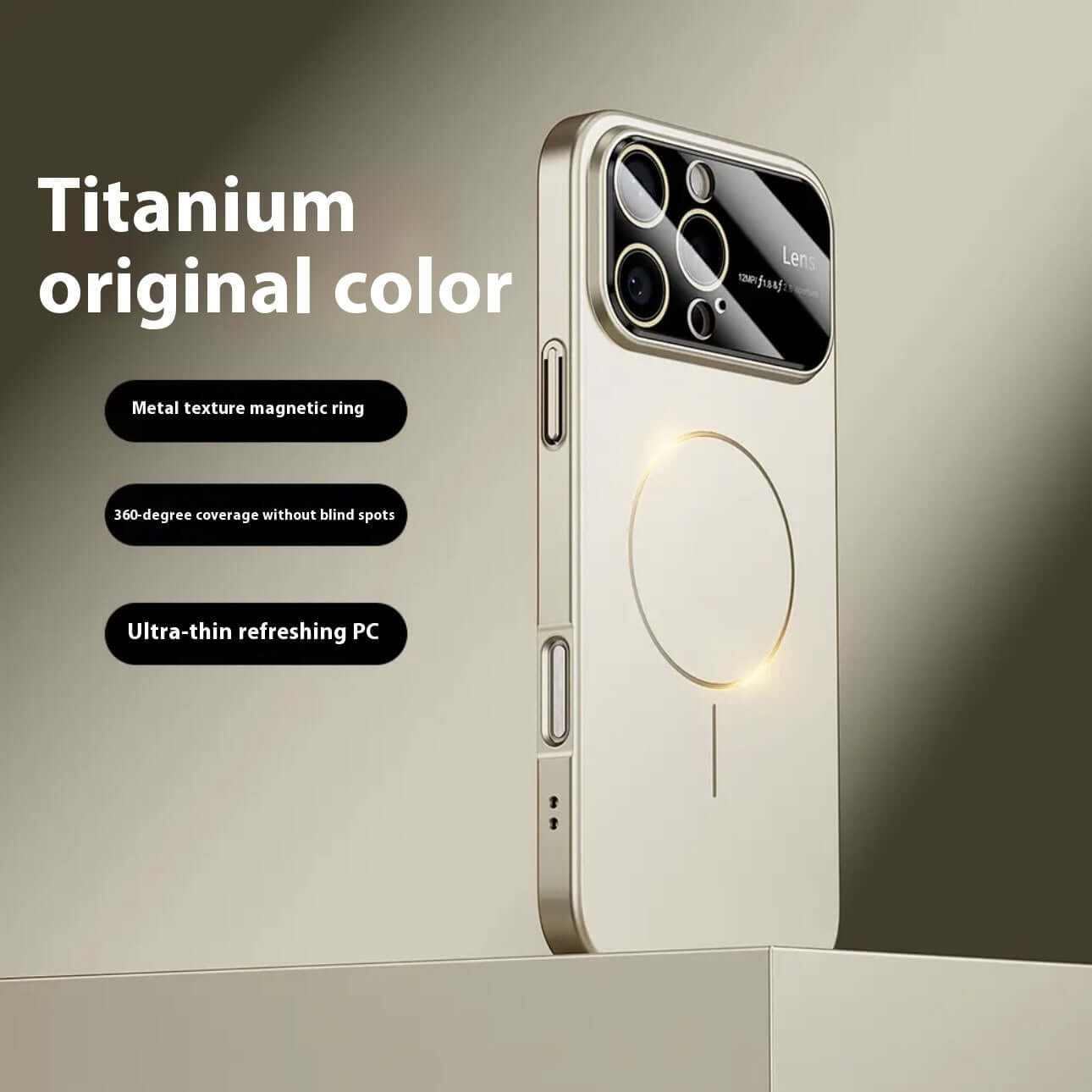 Magnetic drop-resistant phone case in titanium color, featuring a metal texture ring and 360-degree coverage.
