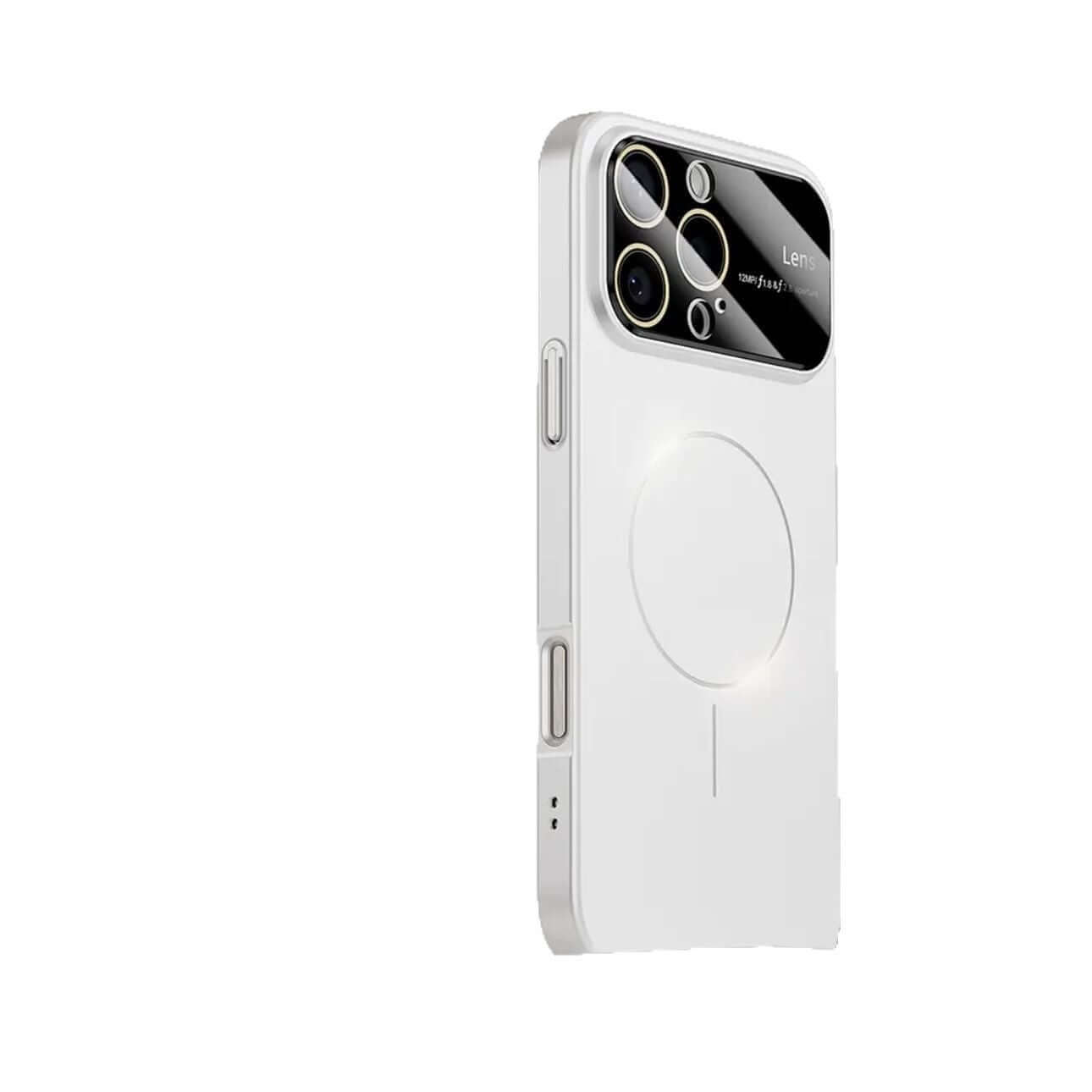 White magnetic drop-resistant phone case showcasing a sleek design and frosted finish.