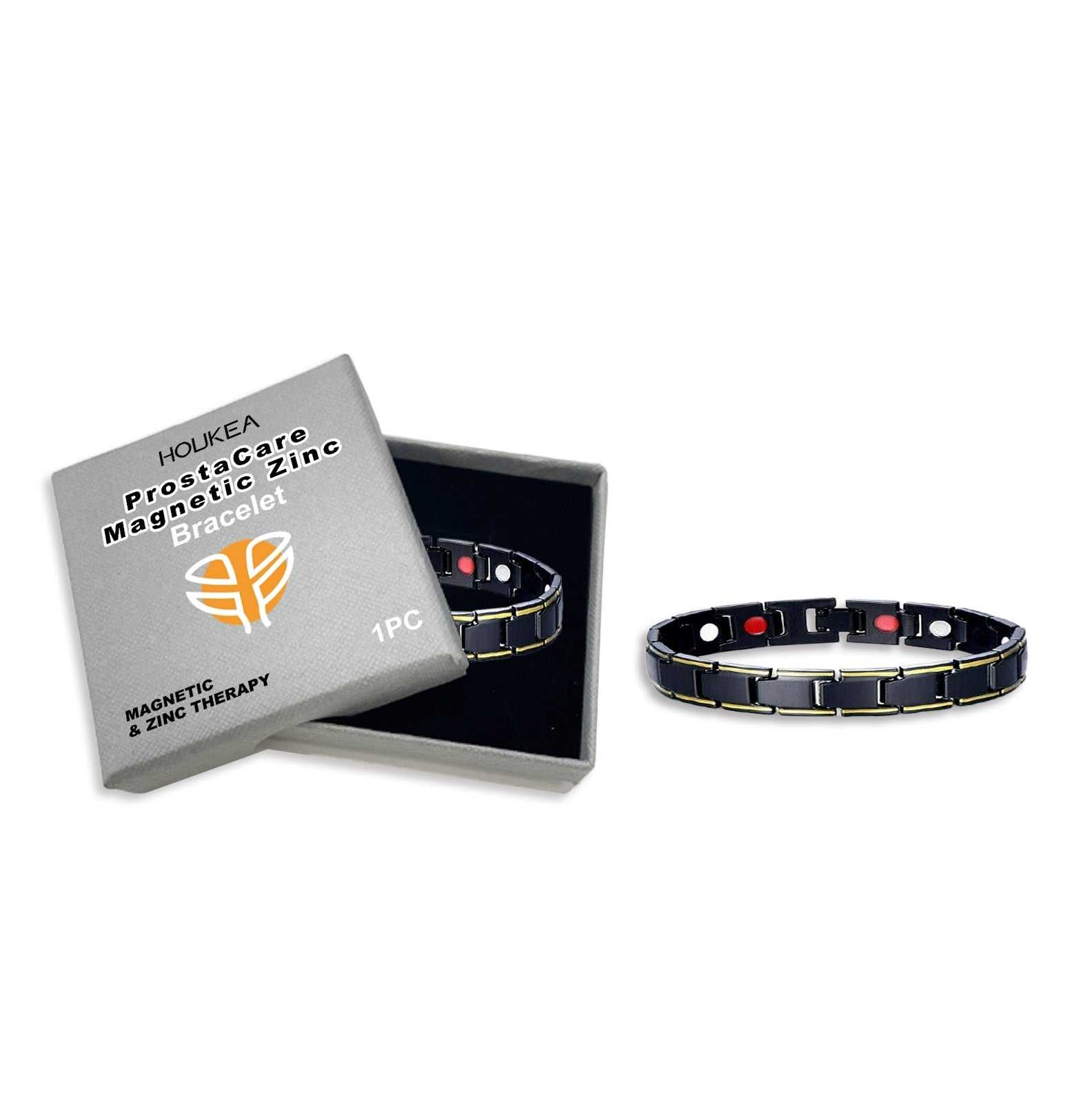 Magnetic Therapy Zinc Link Bracelet in black with gold accents and magnetic elements in a branded box