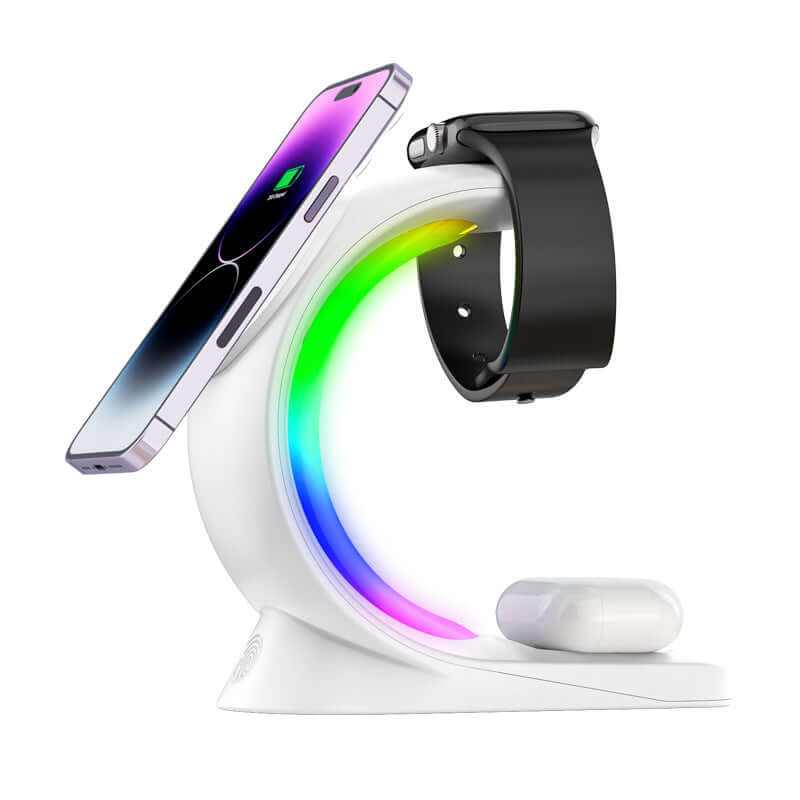 Magnetic wireless charger with RGB lighting, designed for fast charging of phone and watch.
