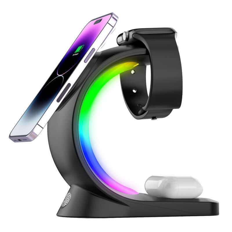 Magnetic wireless charger with RGB lighting, holding a smartphone, smartwatch, and earbuds, featuring a sleek design.