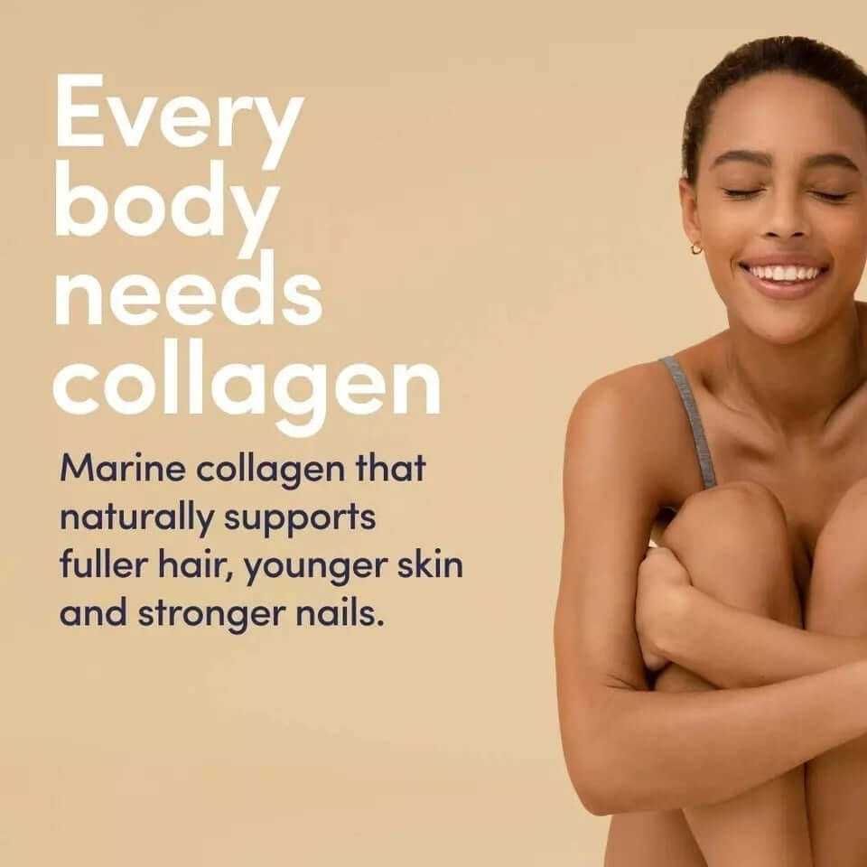 Smiling woman promoting marine collagen for youthful skin, fuller hair, and stronger nails.