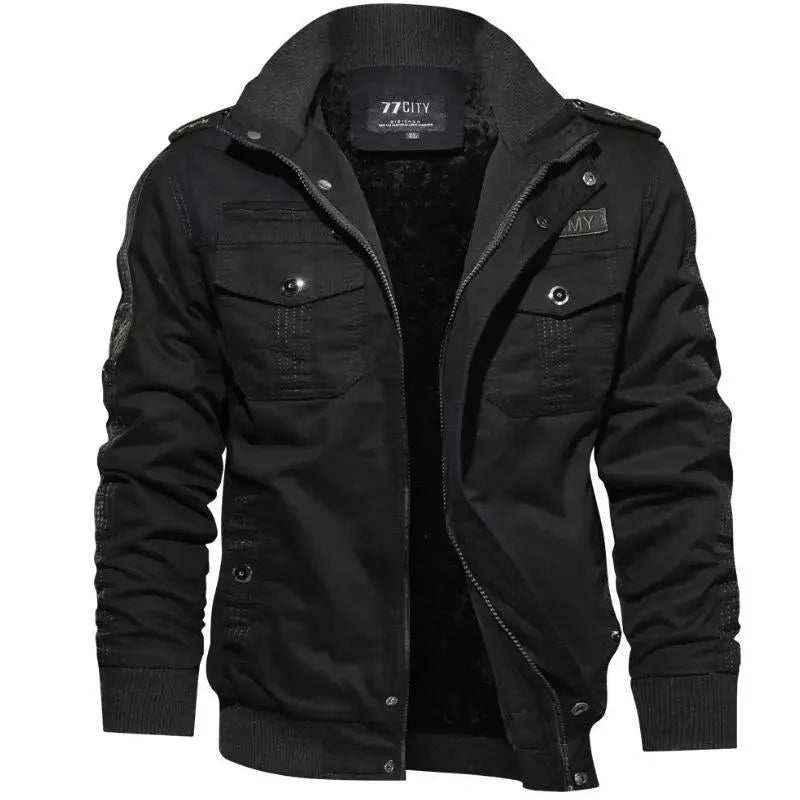Men's warm black cargo jacket with multiple pockets and zip front for winter layering