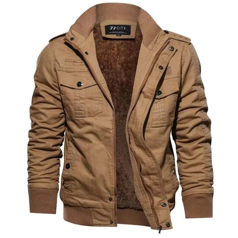 Men's warm cargo jacket in tan with multiple pockets and insulated lining for winter warmth