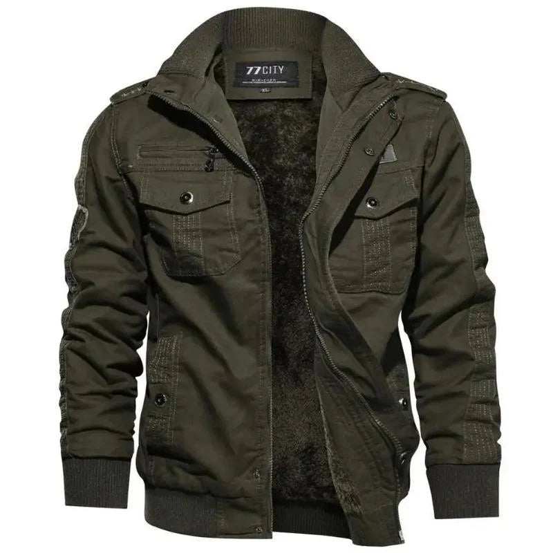 Men's warm black cargo jacket with multiple pockets and zip front, insulated for winter weather