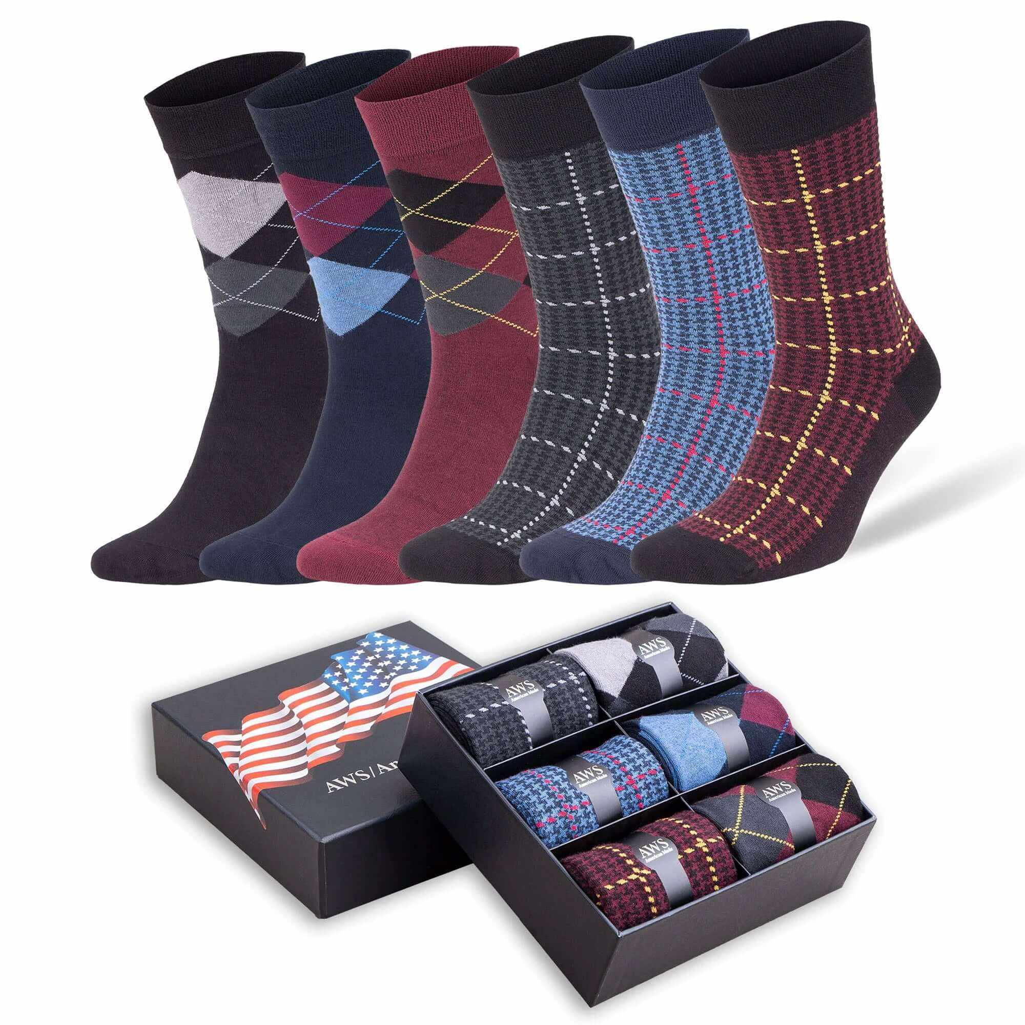 Set of six men's bamboo rayon crew socks in assorted argyle patterns with breathable, moisture-wicking fabric, displayed alongside gift box with American flag design