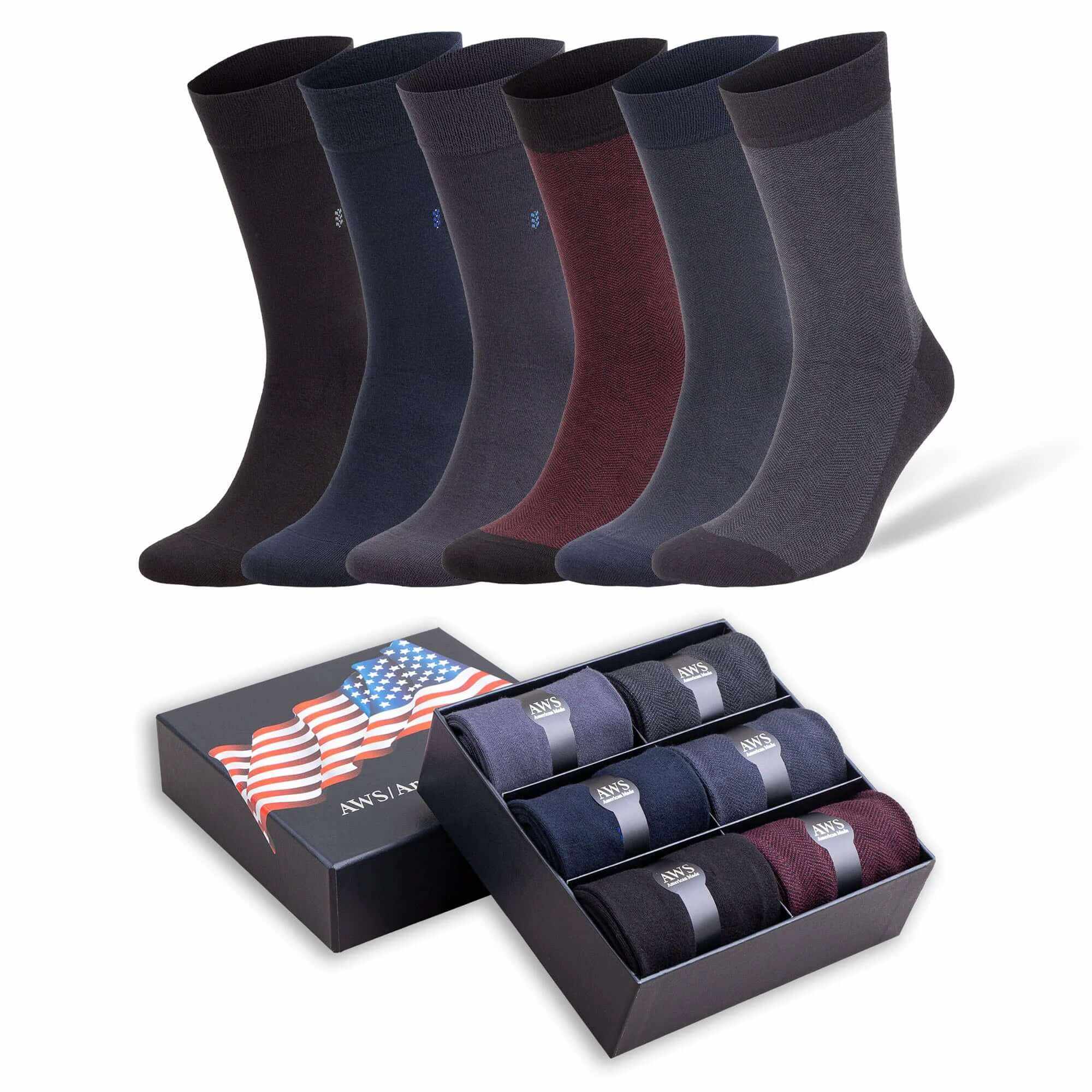 Set of six men’s bamboo rayon crew socks in assorted colors with breathable, moisture-wicking design and gift-ready American flag box