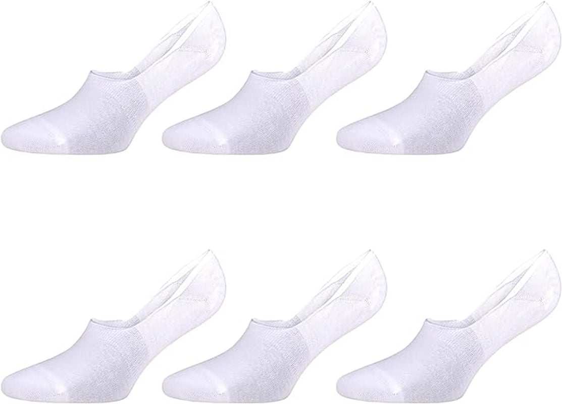 6 pairs of men's bamboo no-show loafer socks in white, ideal for comfort and moisture-wicking with a soft feel.