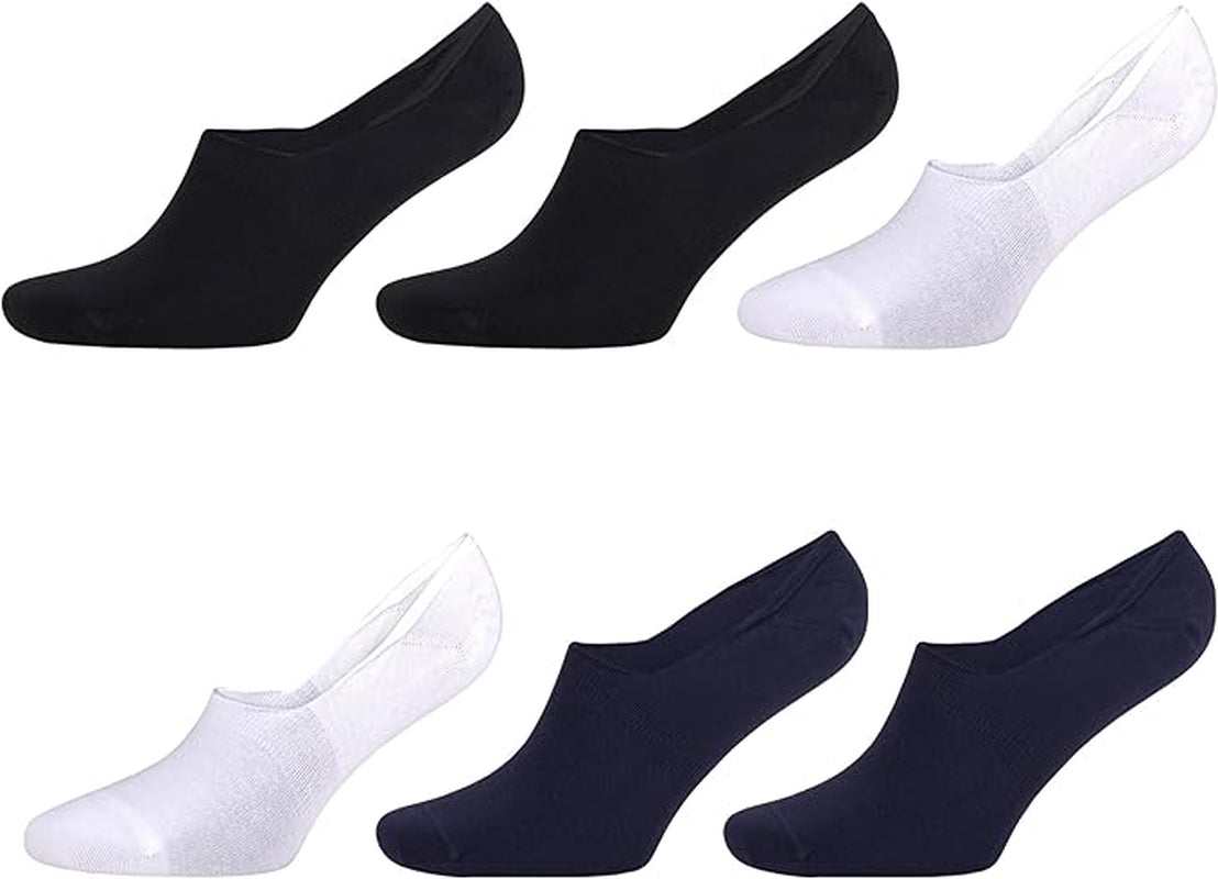 6 pairs of men's bamboo no-show loafer socks in black and white, moisture-wicking and ultra-soft design.