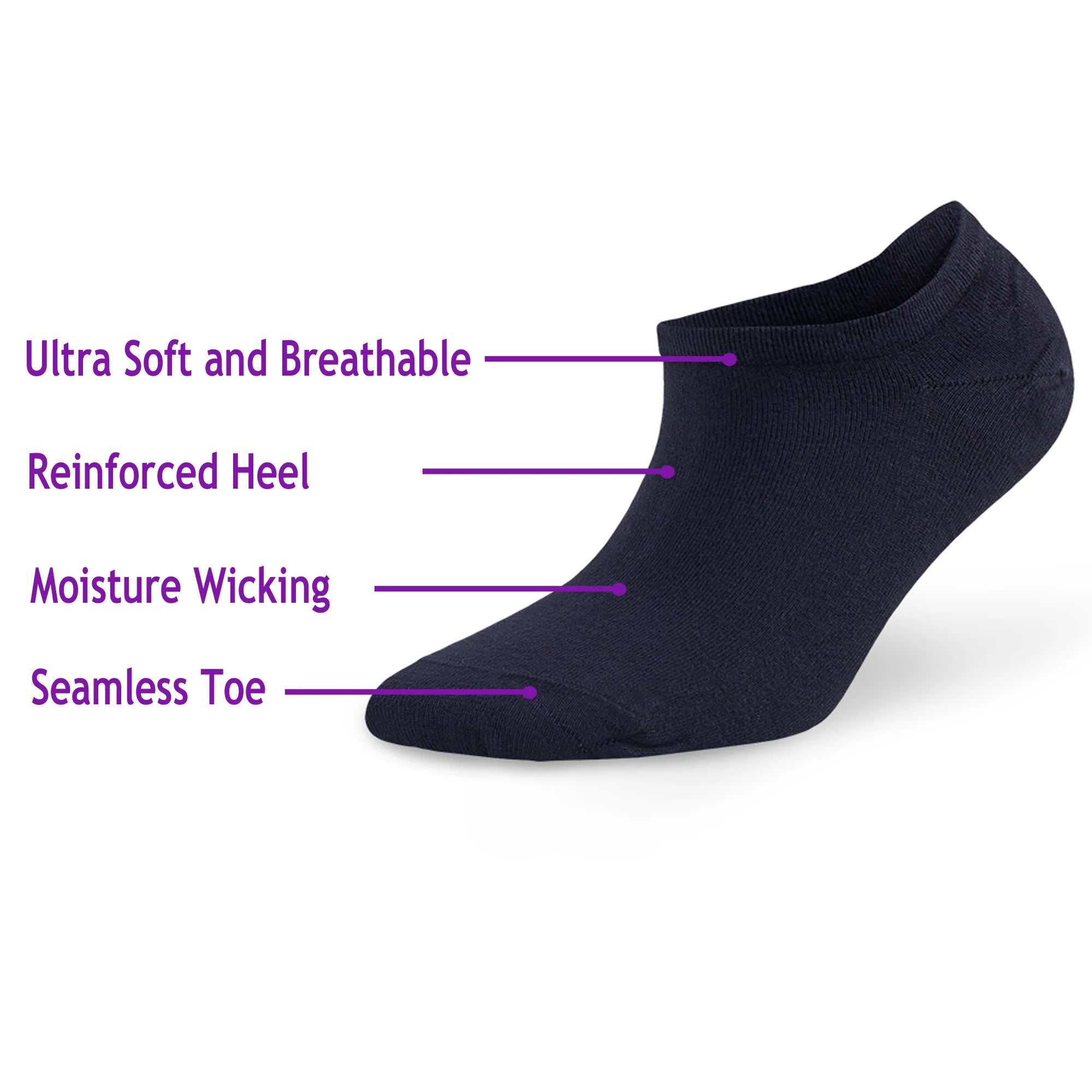Men's bamboo no show socks in black with ultra soft breathable fabric, reinforced heel, moisture-wicking, and seamless toe design.