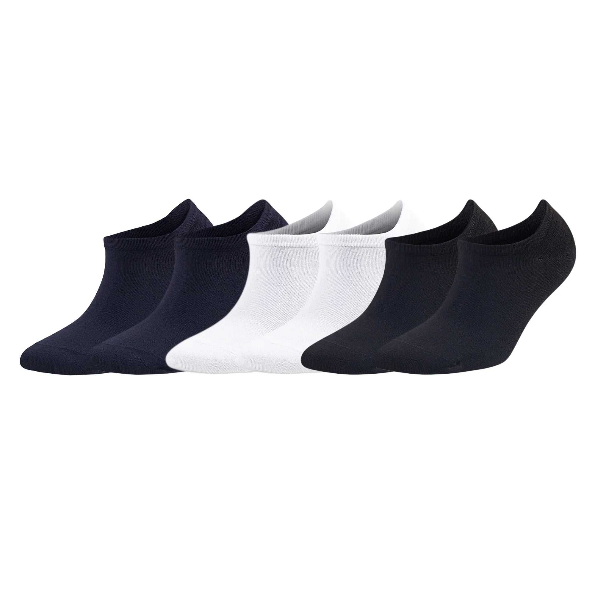 6 pairs men's bamboo no show socks in black, navy, and white, soft breathable moisture-wicking fabric, size 8-11.5