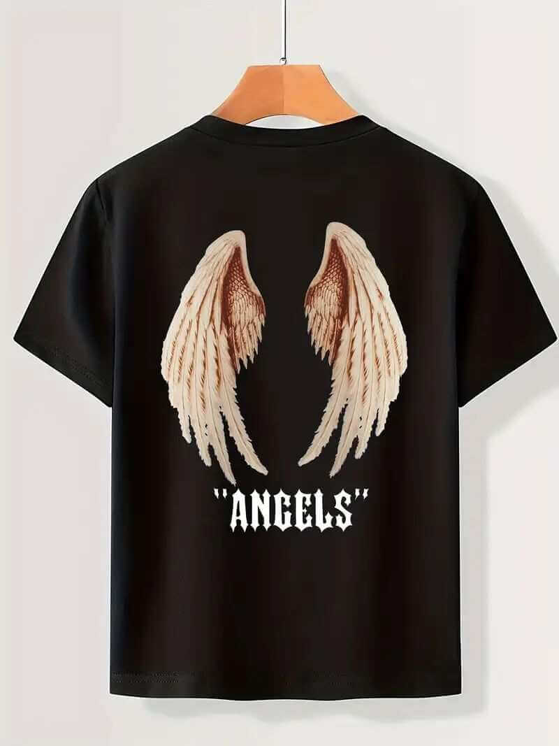 Black men's printed short-sleeved t-shirt with angel wings design and "ANGELS" text on back