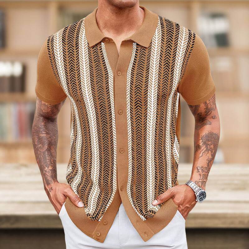 men's striped jacquard sweater brown short sleeve casual knitwear with button front