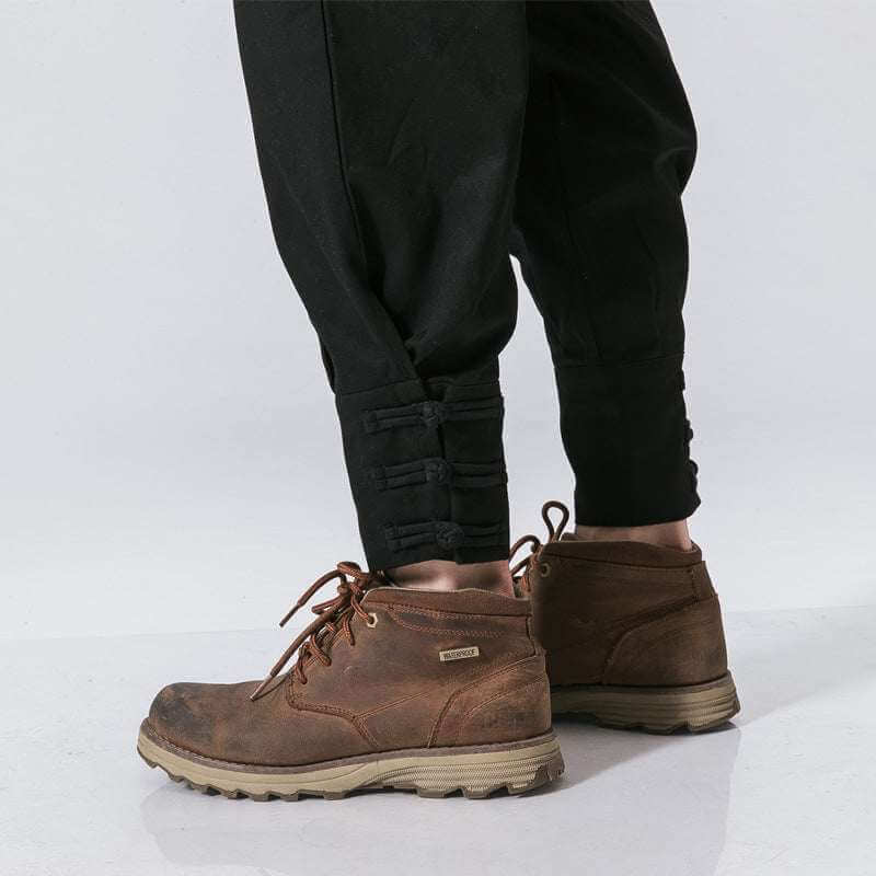 men's buckle casual pants black cotton blend with button placket and cuff buckle detail