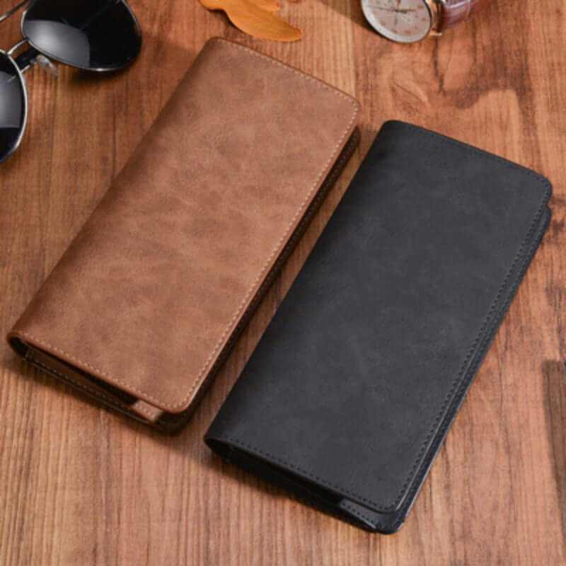 Men's compact genuine leather wallets in brown and black colors, showcasing durability and timeless design.