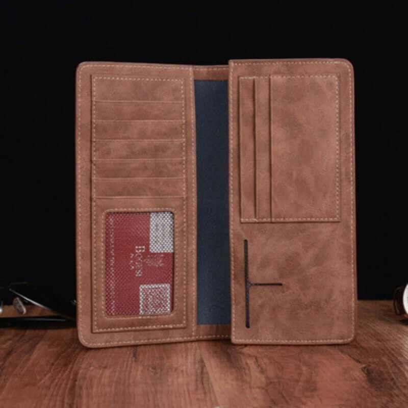 Interior view of a men's compact genuine leather wallet featuring card slots and a coin pouch.