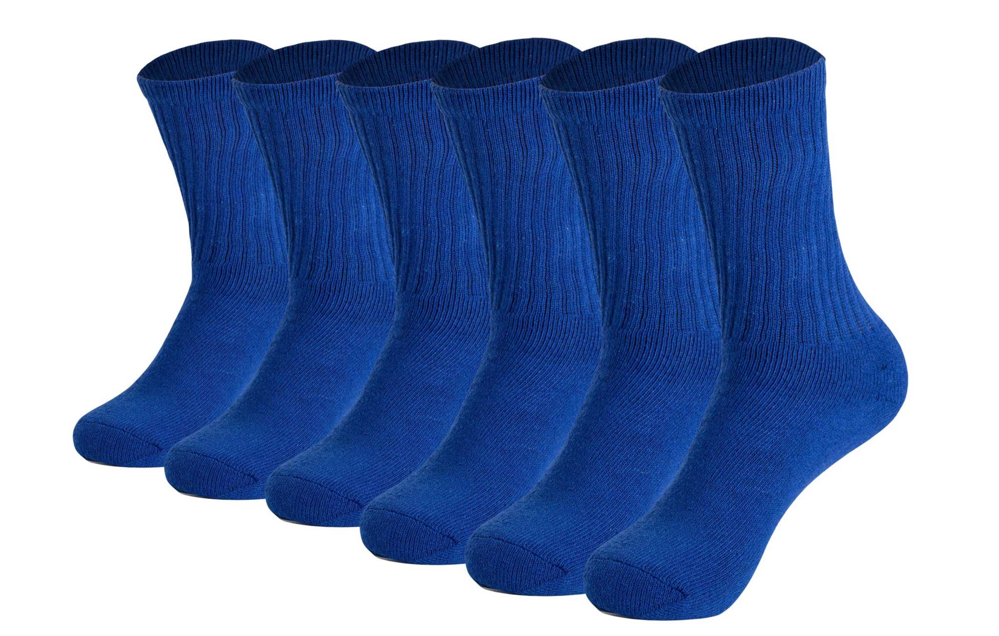 Men's cotton crew socks in blue, 6 pairs featuring cushioned soles and breathable moisture-wicking fabric.
