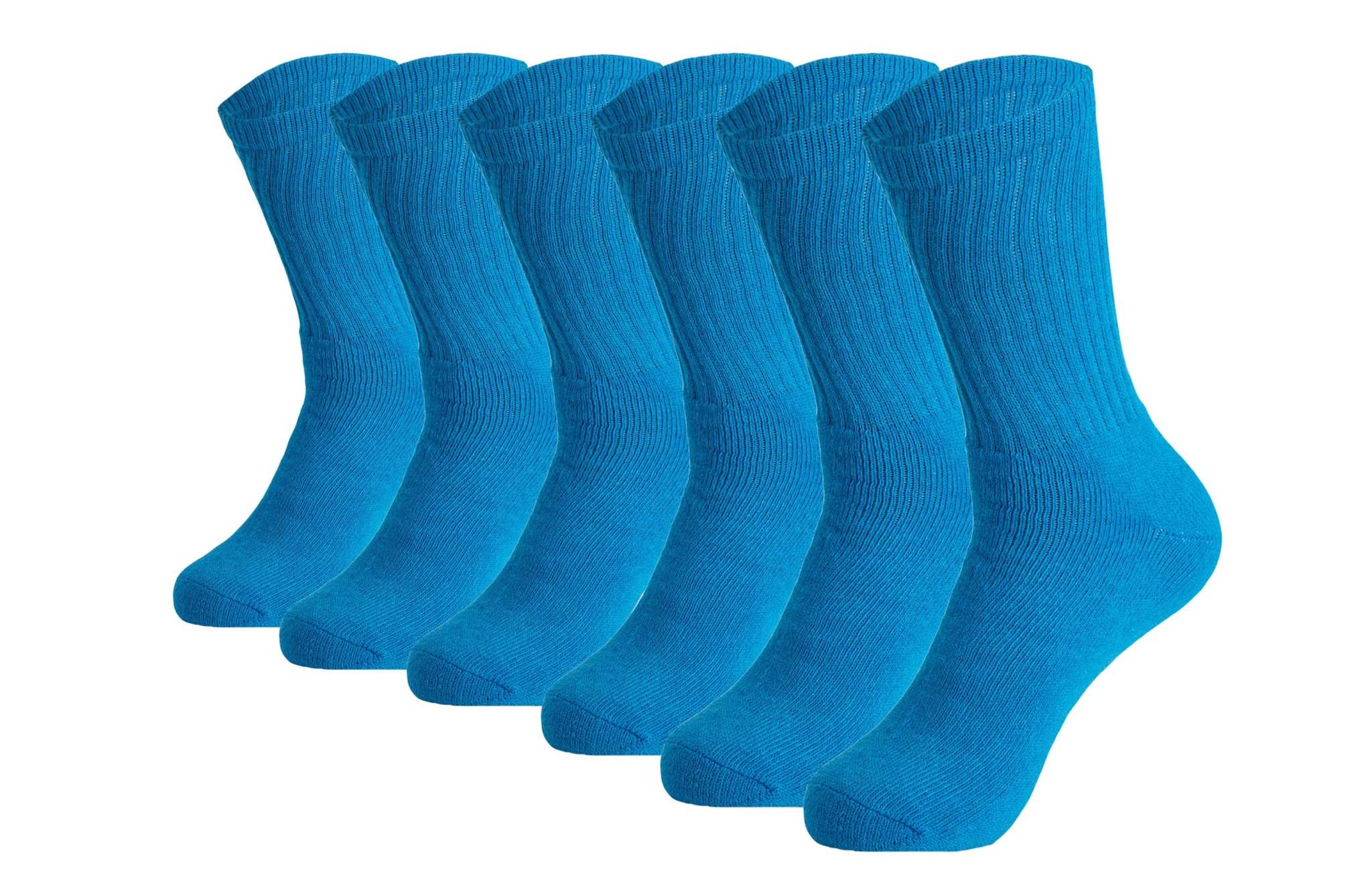 Set of 6 pairs of blue cotton crew socks, featuring a cushioned sole for comfort and a moisture-wicking design.